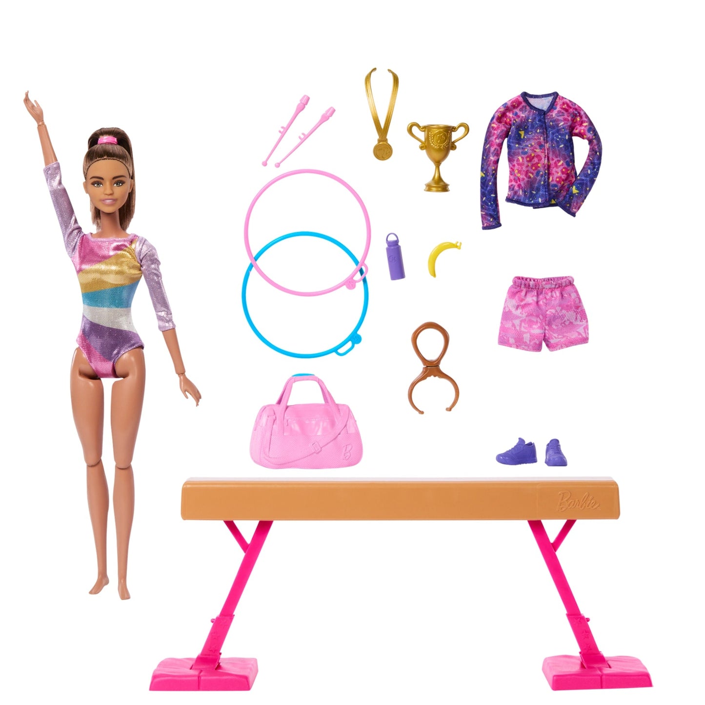 Barbie Coffret de Jeu Gymnaste, Poup¨¦e Mode, Brunette, 10Accessoires