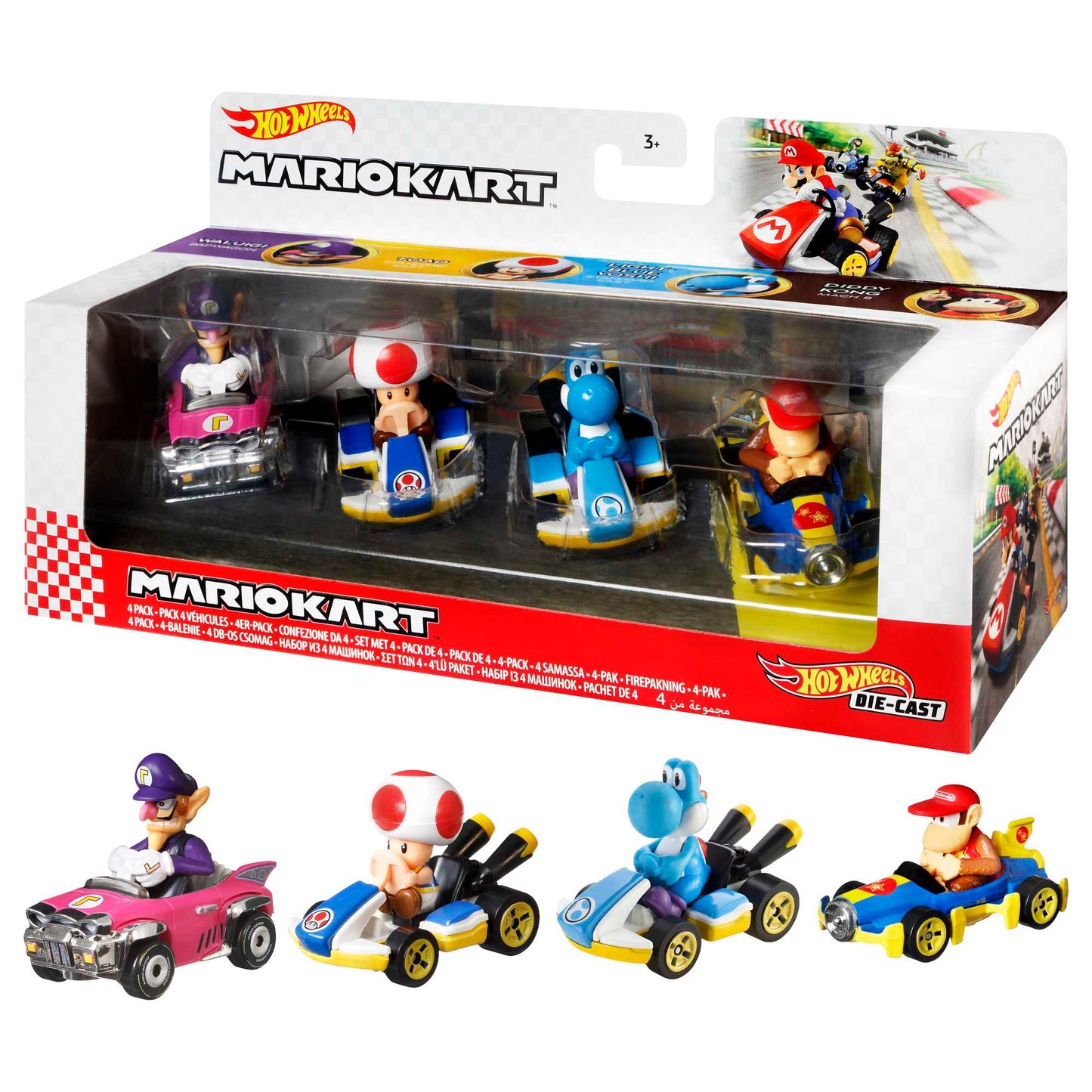 Hot Wheels Mario Kart Veh¨ªculo de Juguete Paquete de 4 con Diddy Kong, Waluigi, Toad y Yoshi azul