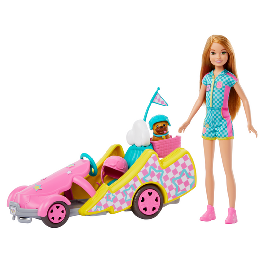 Barbie-Poup¨¦e Stacie Karting, Avec Kart, Chien et Accessoires