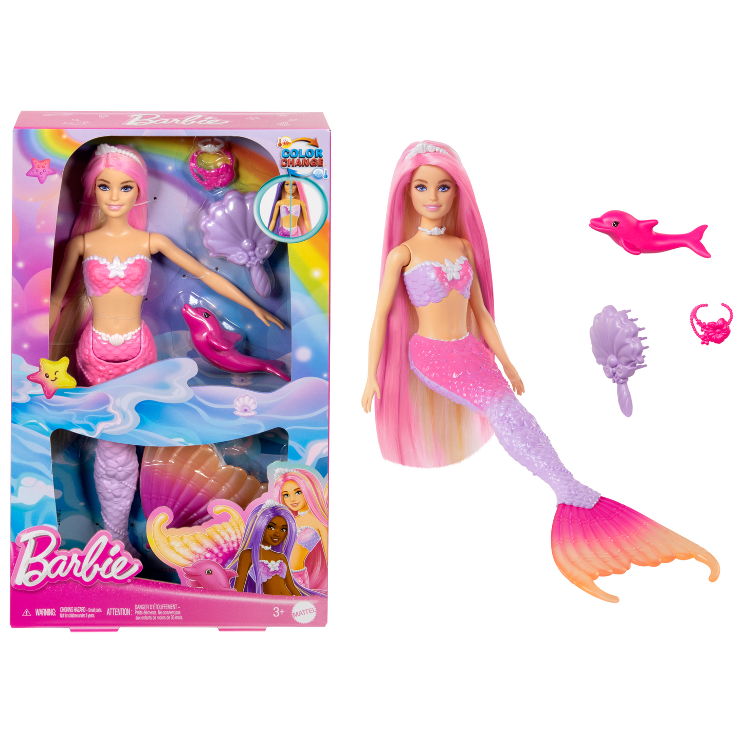 Barbie ¡°Malibu¡± Mermaid Doll With Color Change Feature, Pet Dolphin And Accessories