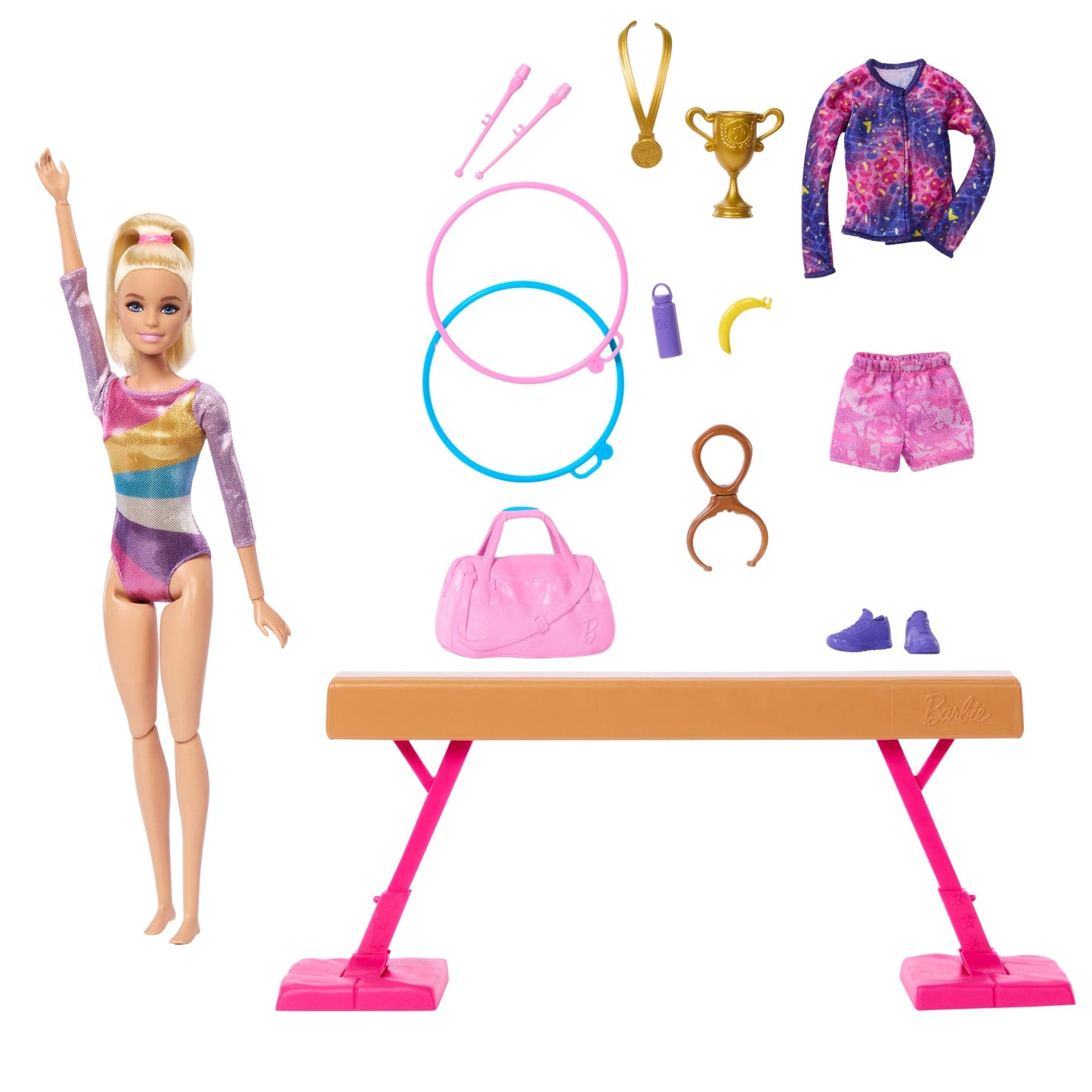 Barbie Coffret de Jeu Gymnaste, Poup¨¦e Mode, Blonde, 10Accessoires