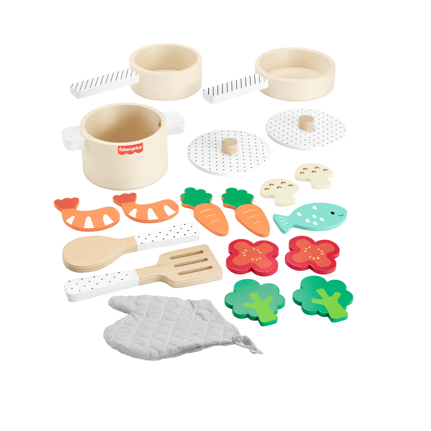 Fisher-Price Coffret Marmite et Casseroles en Bois, 19 ¨¦l¨¦ments