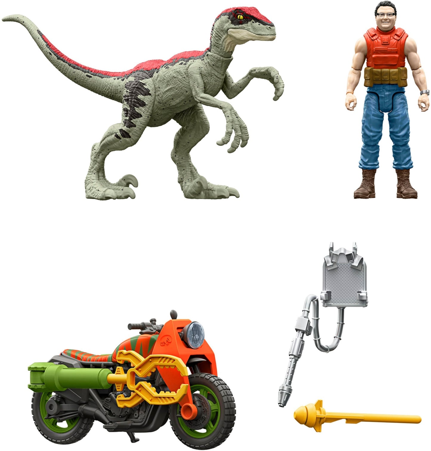 Jurassic Park ¡¯93 Classic Dennis Nedry Action Figure, Motorcycle & Dinosaur Toy Set, 3.75-in Scale