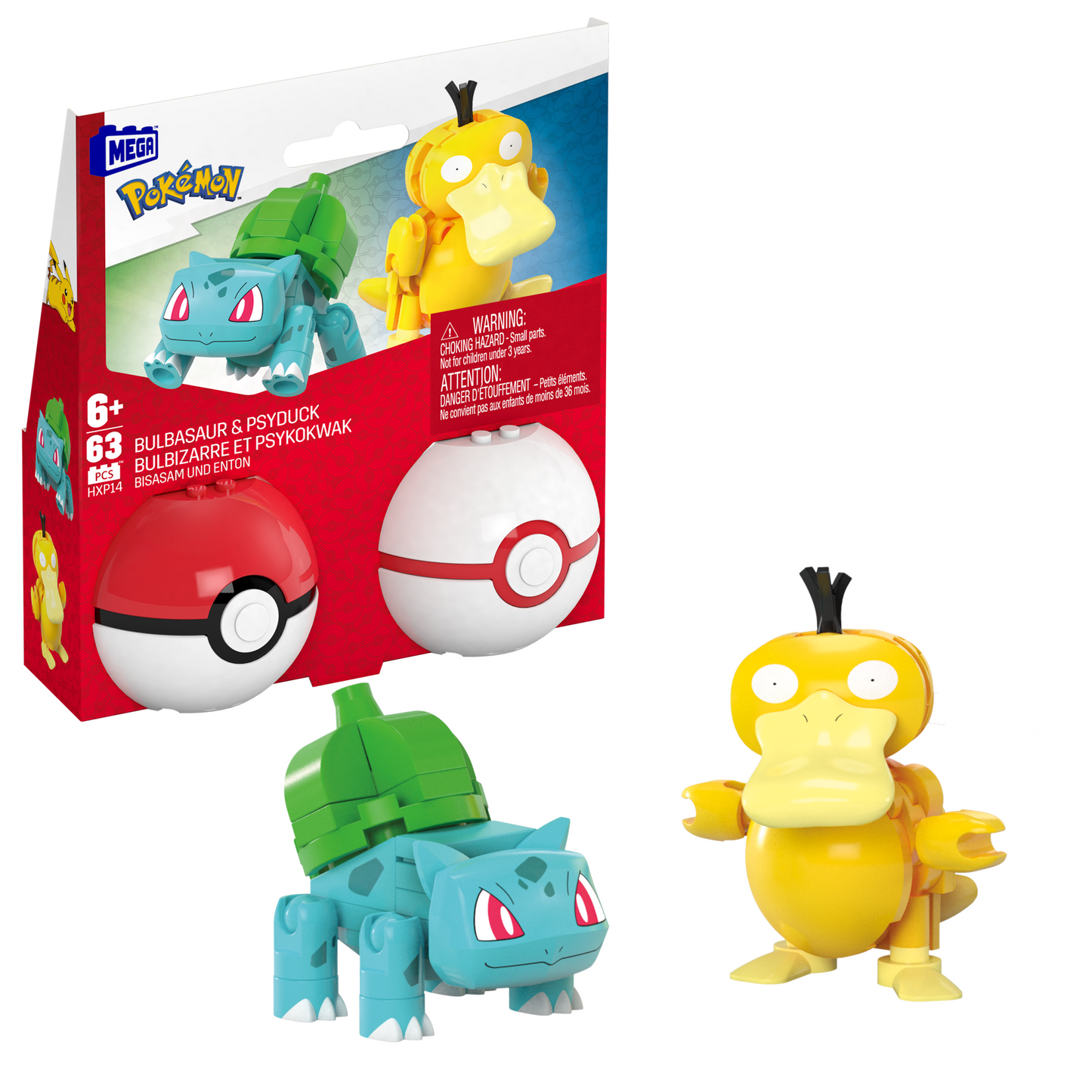 MEGA Pok¨¦mon Bulbasaur & Psyduck Building Toy Kit, 2 Action Figures (63 Pieces) For Kids